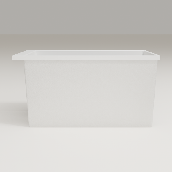 Omnitub Sheer 1200 deep soaking tub in white — 1200×700mm footprint, 600mm deep, side profile, handmade in Britain [render:7_long_side:nofeet]