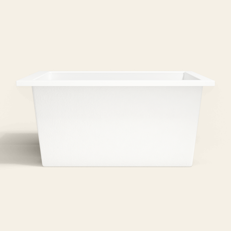 Omnitub 1300×950 white deep soaking bath — side profile [render:7_long_side:nofeet]