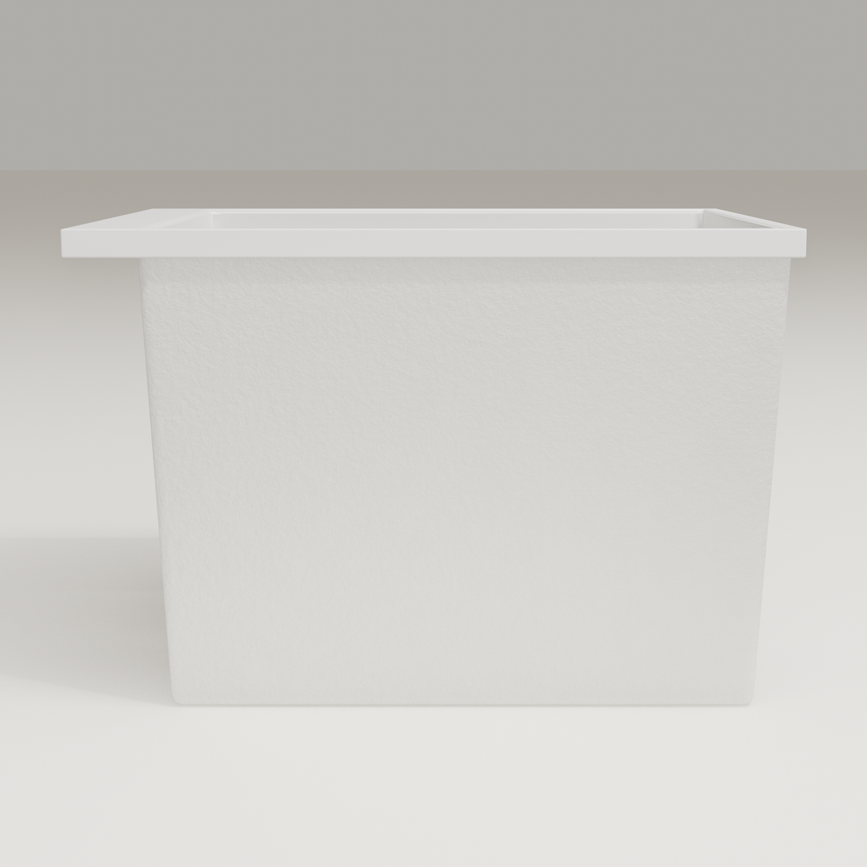 Omnitub Sheer 900 deep soaking tub in white — 900×700mm footprint, 600mm deep, side profile, handmade in Britain [render:7_long_side:nofeet]