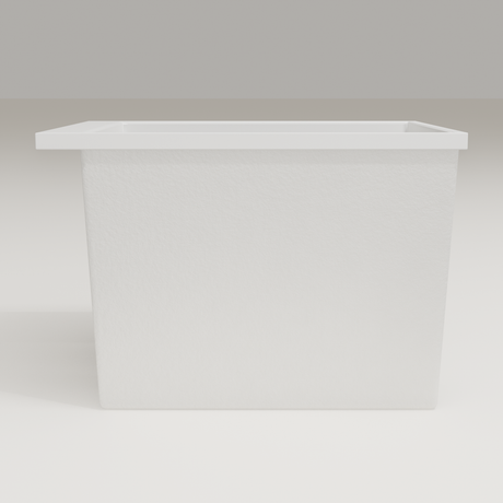 Omnitub Sheer 900 deep soaking tub in white — 900×700mm footprint, 600mm deep, side profile, handmade in Britain [render:7_long_side:nofeet]