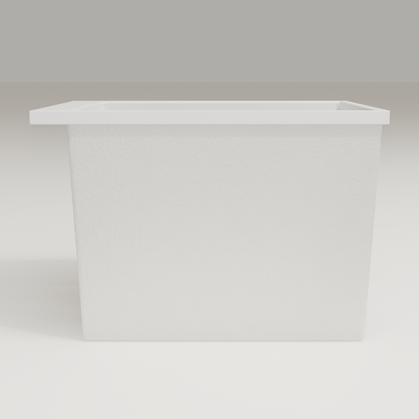 Omnitub Sheer 900 deep soaking tub in white — 900×700mm footprint, 600mm deep, side profile, handmade in Britain [render:7_long_side:nofeet]