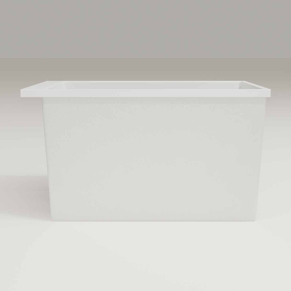 Omnitub Sheer 1100 deep soaking tub in white — 1100×700mm footprint, 600mm deep, side profile, handmade in Britain [render:7_long_side:nofeet]