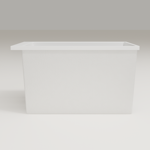 Omnitub Sheer 1100 deep soaking tub in white — 1100×700mm footprint, 600mm deep, side profile, handmade in Britain [render:7_long_side:nofeet]