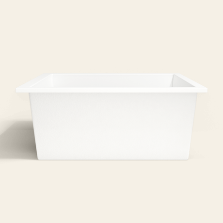 Omnitub 1500×1500 white deep soaking bath — side profile [render:7_long_side:nofeet]