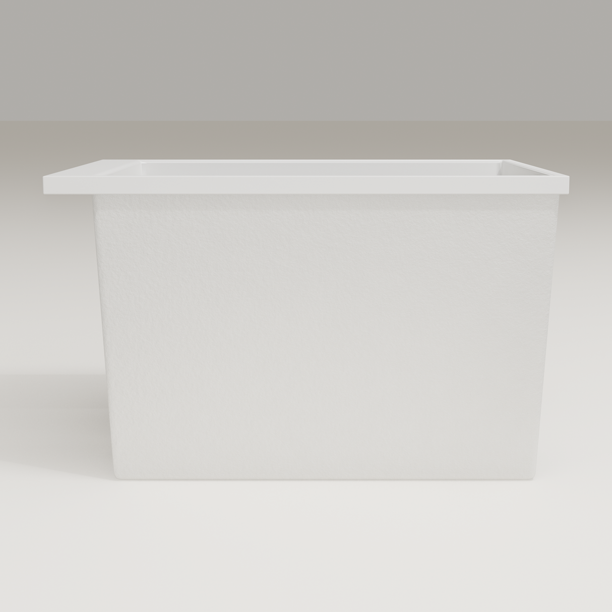 Omnitub Sheer 1000 deep soaking tub in white — 1000×700mm footprint, 600mm deep, side profile, handmade in Britain [render:7_long_side:nofeet]