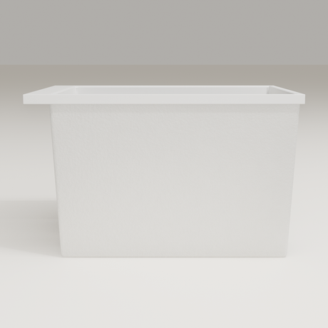 Omnitub Sheer 1000 deep soaking tub in white — 1000×700mm footprint, 600mm deep, side profile, handmade in Britain [render:7_long_side:nofeet]
