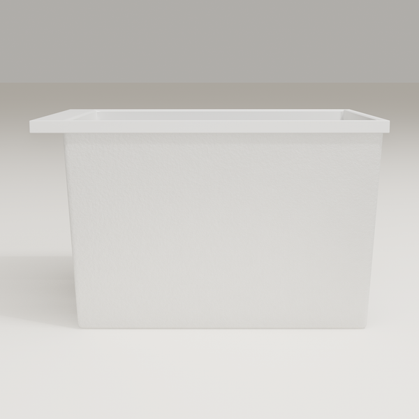 Omnitub Sheer 1000 deep soaking tub in white — 1000×700mm footprint, 600mm deep, side profile, handmade in Britain [render:7_long_side:nofeet]