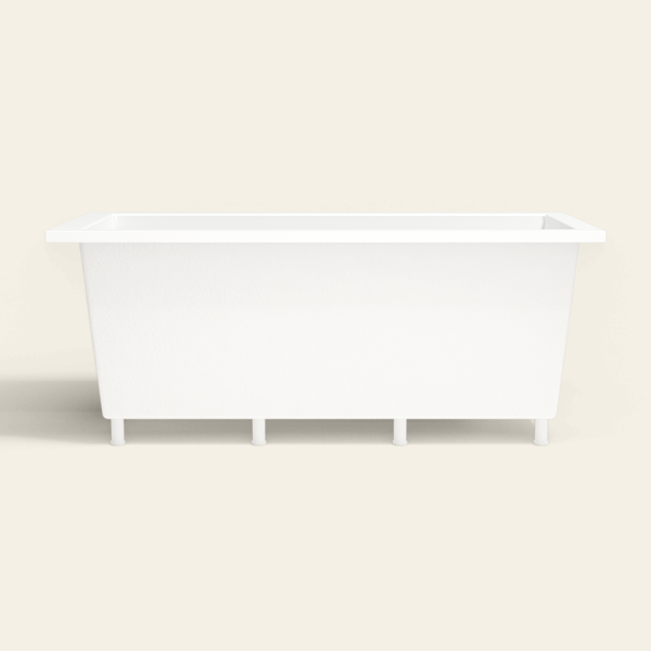 Omnitub 1700×750 white deep soaking bath — side profile, with feet [render:7_long_side:feet]