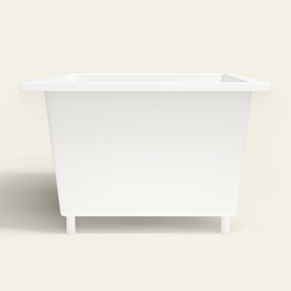 Omnitub 1050×1050 white deep soaking bath — side profile, with feet [render:7_long_side:feet]
