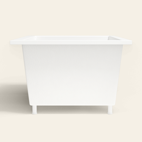 Omnitub 1050×1050 white deep soaking bath — side profile, with feet [render:7_long_side:feet]
