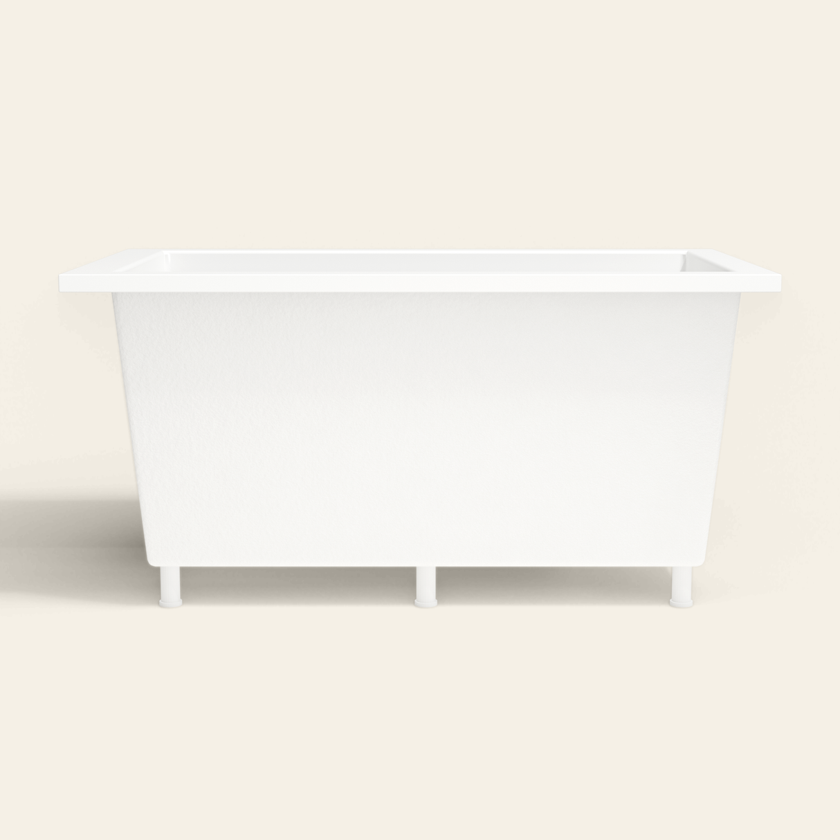 Omnitub 1400×800 white deep soaking bath — side profile, with feet [render:7_long_side:feet]
