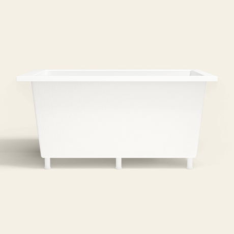 Omnitub 1400×800 white deep soaking bath — side profile, with feet [render:7_long_side:feet]