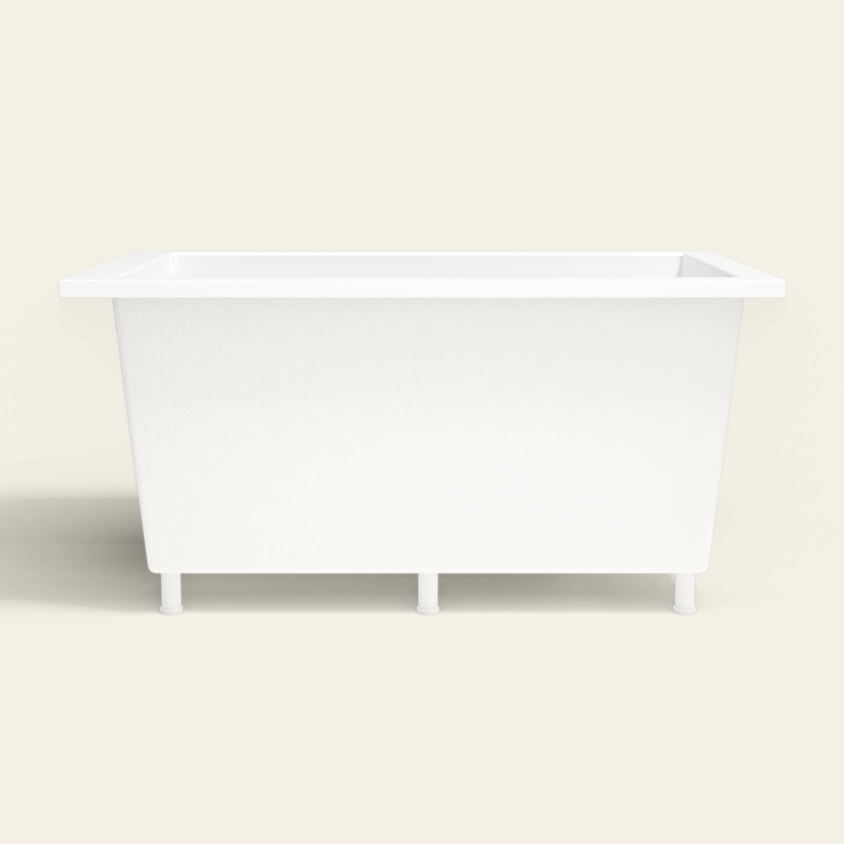 Omnitub 1400×900 white deep soaking bath — side profile, with feet [render:7_long_side:feet]