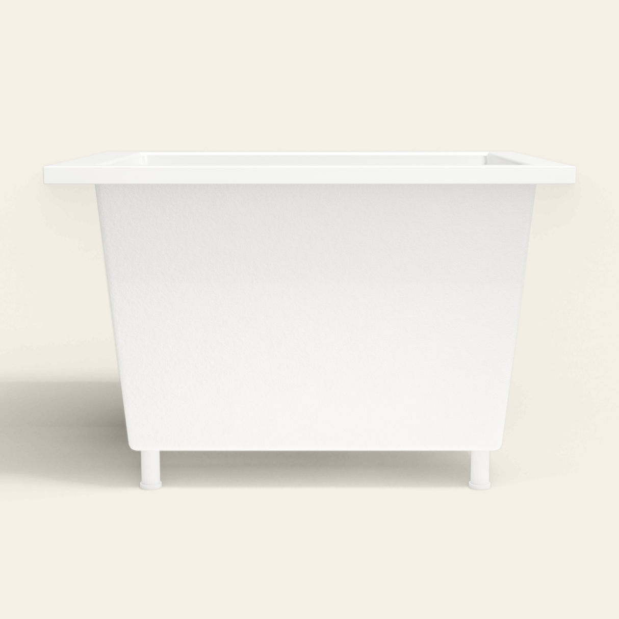 Omnitub 1050×800 white deep soaking bath — side profile, with feet [render:7_long_side:feet]