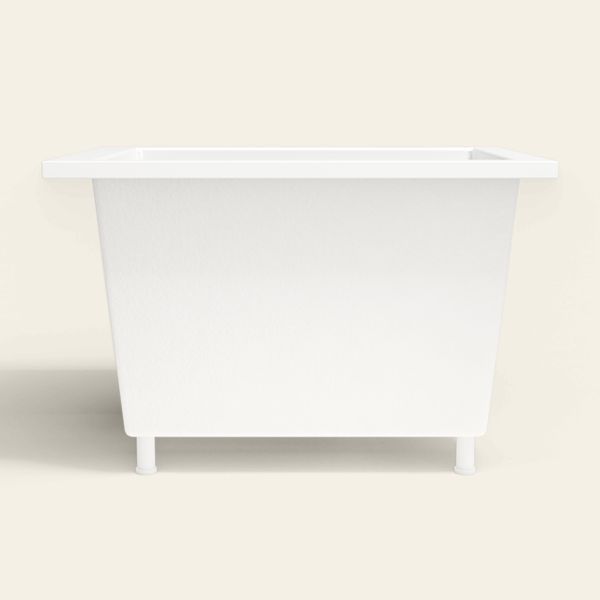 Omnitub 1050×800 white deep soaking bath — side profile, with feet [render:7_long_side:feet]