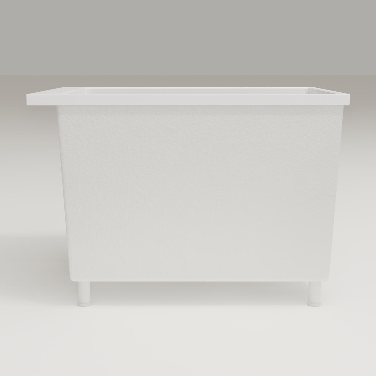 Omnitub Sheer 1000 deep soaking tub in white — 1000×700mm footprint, 600mm deep, side profile, shown on feet, handmade in Britain [render:7_long_side:feet]