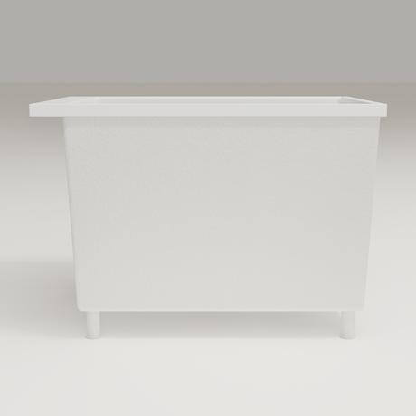 Omnitub Sheer 1000 deep soaking tub in white — 1000×700mm footprint, 600mm deep, side profile, shown on feet, handmade in Britain [render:7_long_side:feet]