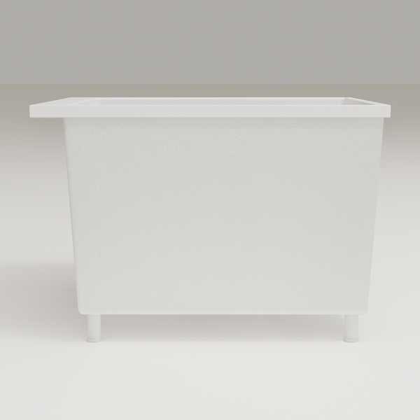 Omnitub Sheer 1000 deep soaking tub in white — 1000×700mm footprint, 600mm deep, side profile, shown on feet, handmade in Britain [render:7_long_side:feet]