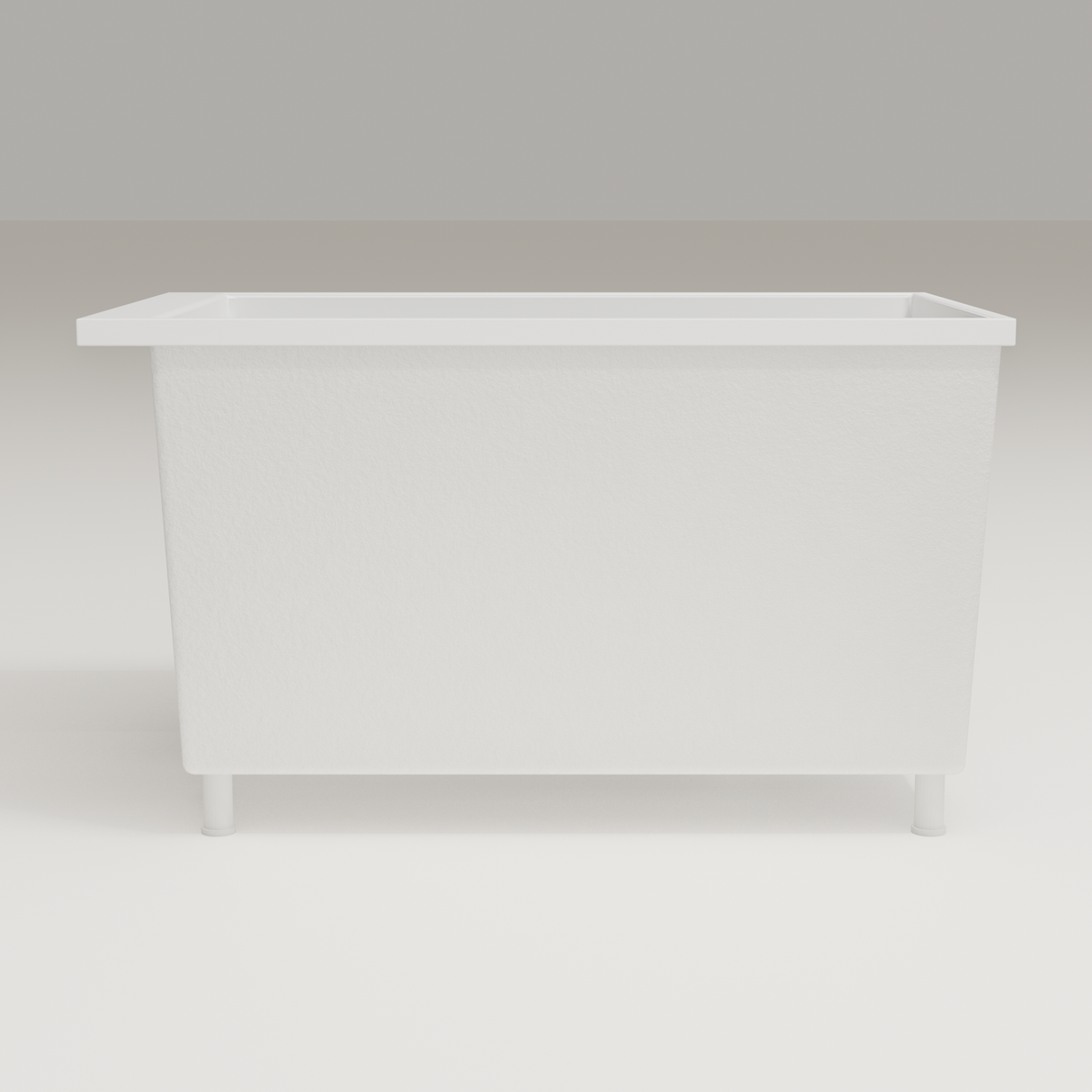 Omnitub Sheer 1200 deep soaking tub in white — 1200×700mm footprint, 600mm deep, side profile, shown on feet, handmade in Britain [render:7_long_side:feet]