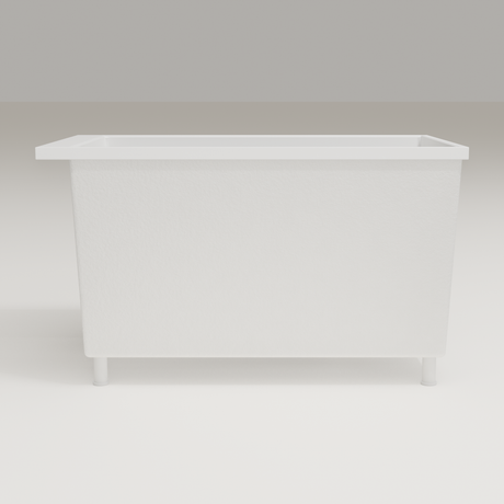 Omnitub Sheer 1200 deep soaking tub in white — 1200×700mm footprint, 600mm deep, side profile, shown on feet, handmade in Britain [render:7_long_side:feet]