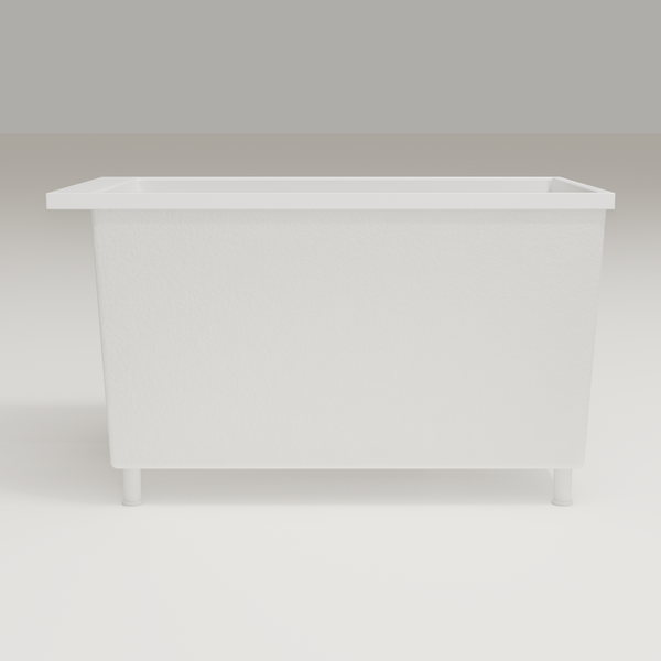 Omnitub Sheer 1200 deep soaking tub in white — 1200×700mm footprint, 600mm deep, side profile, shown on feet, handmade in Britain [render:7_long_side:feet]