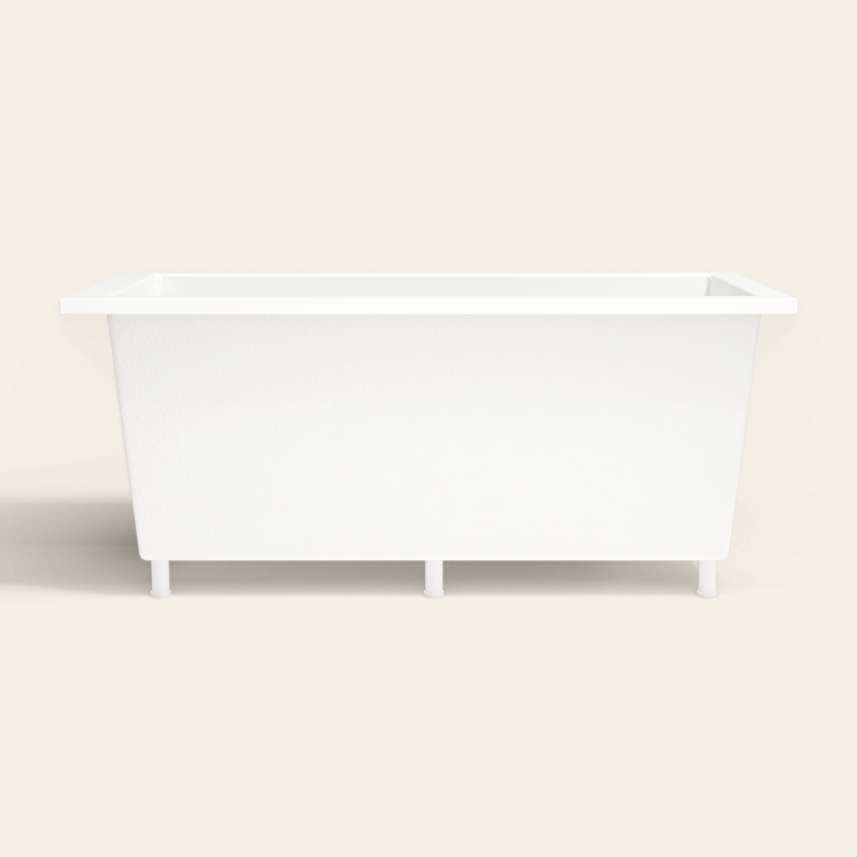 Omnitub 1600×800 white deep soaking bath — side profile, with feet [render:7_long_side:feet]