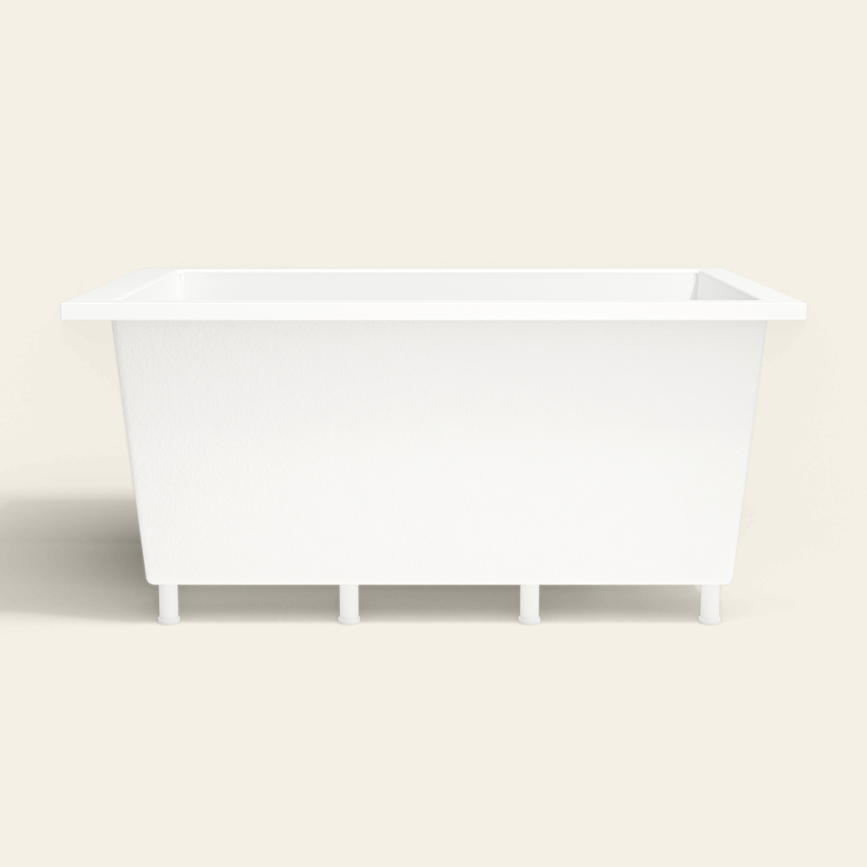 Omnitub 1500×1050 white deep soaking bath — side profile, with feet [render:7_long_side:feet]