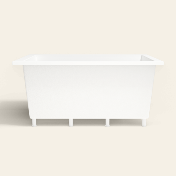 Omnitub 1500×1050 white deep soaking bath — side profile, with feet [render:7_long_side:feet]