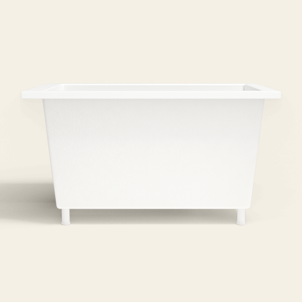 Omnitub 1250×750 white deep soaking bath — side profile, with feet [render:7_long_side:feet]