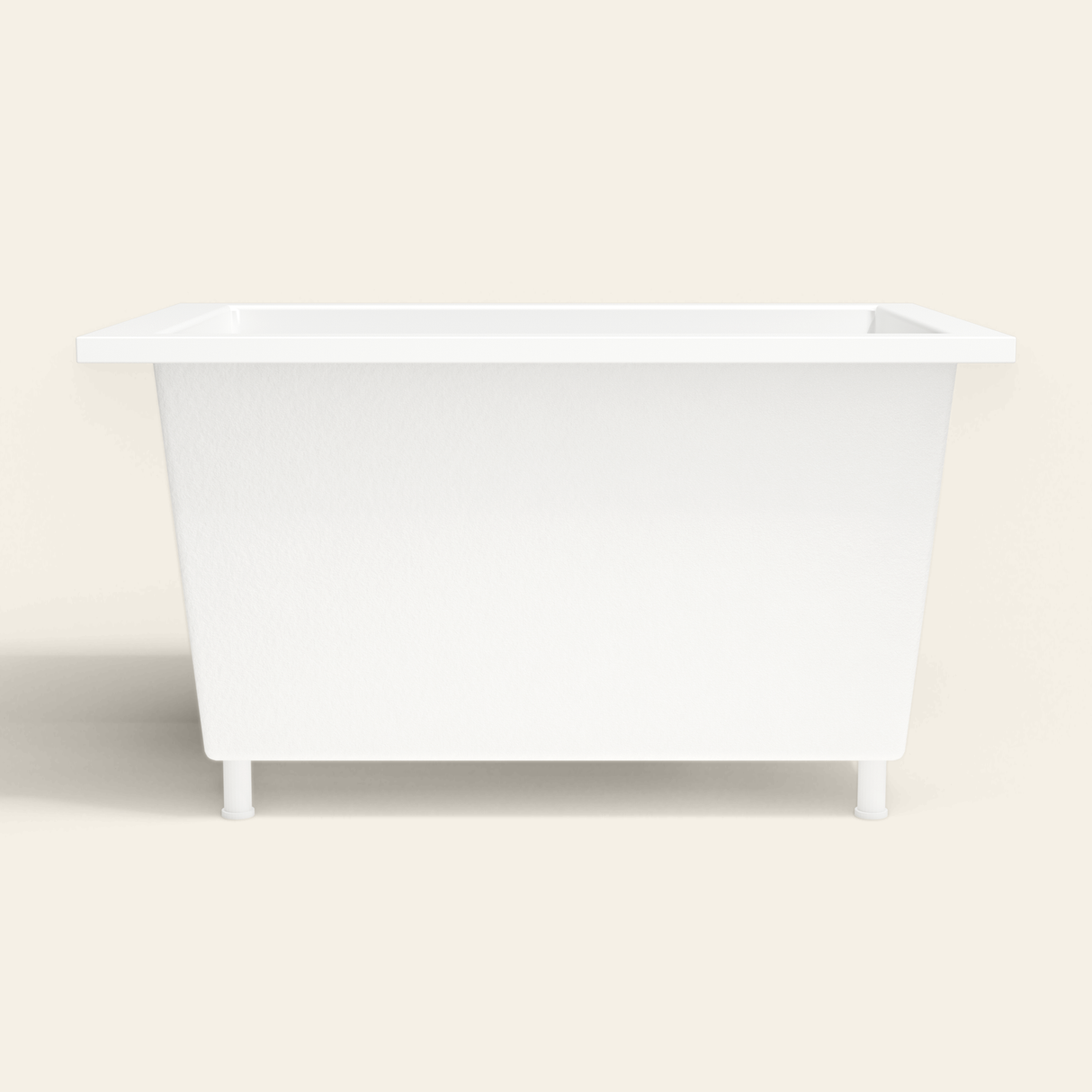 Omnitub 1250×850 white deep soaking bath — side profile, with feet [render:7_long_side:feet]