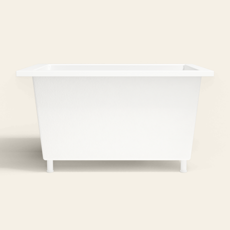 Omnitub 1250×850 white deep soaking bath — side profile, with feet [render:7_long_side:feet]