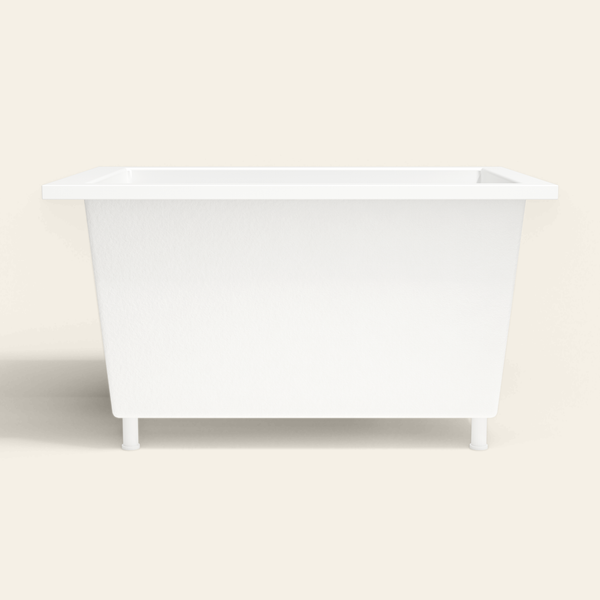 Omnitub 1250×850 white deep soaking bath — side profile, with feet [render:7_long_side:feet]