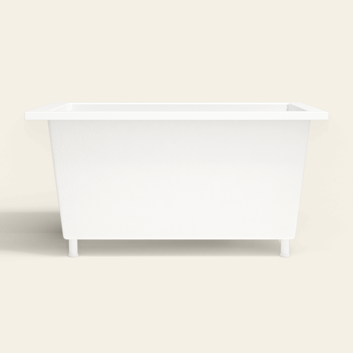 Omnitub 1350×750 white deep soaking bath — side profile, with feet [render:7_long_side:feet]