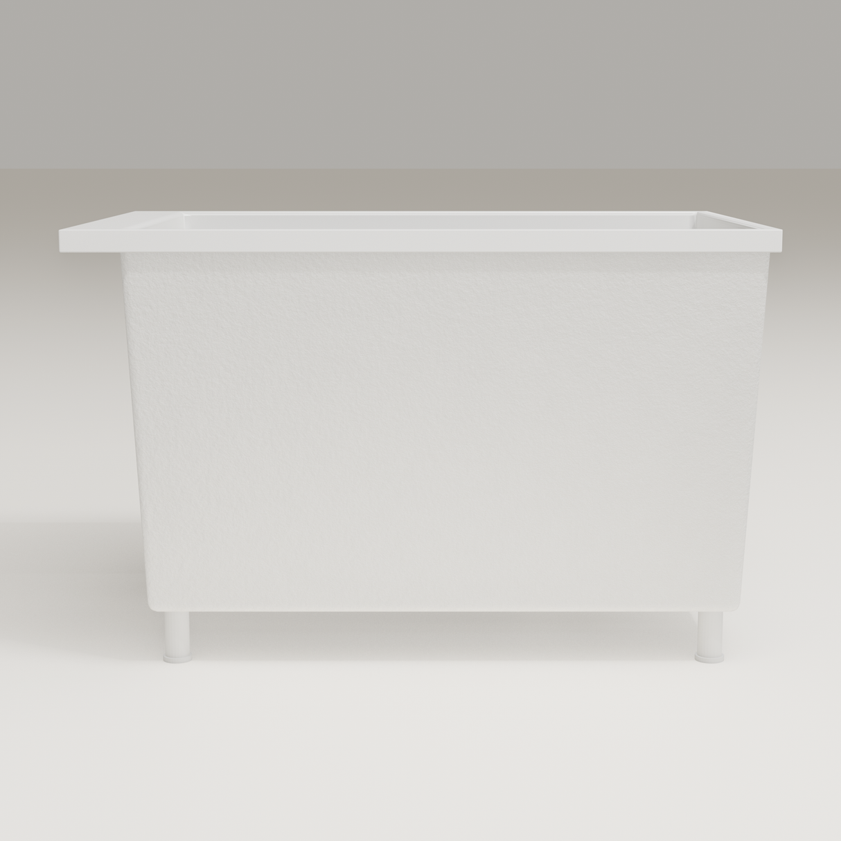 Omnitub Sheer 1100 deep soaking tub in white — 1100×700mm footprint, 600mm deep, side profile, shown on feet, handmade in Britain [render:7_long_side:feet]