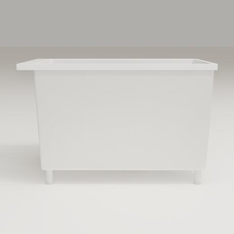 Omnitub Sheer 1100 deep soaking tub in white — 1100×700mm footprint, 600mm deep, side profile, shown on feet, handmade in Britain [render:7_long_side:feet]