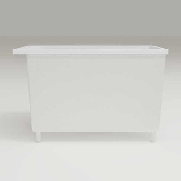 Omnitub Sheer 1100 deep soaking tub in white — 1100×700mm footprint, 600mm deep, side profile, shown on feet, handmade in Britain [render:7_long_side:feet]