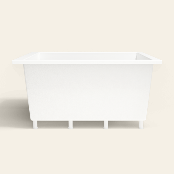 Omnitub 1400×1200 white deep soaking bath — side profile, with feet [render:7_long_side:feet]