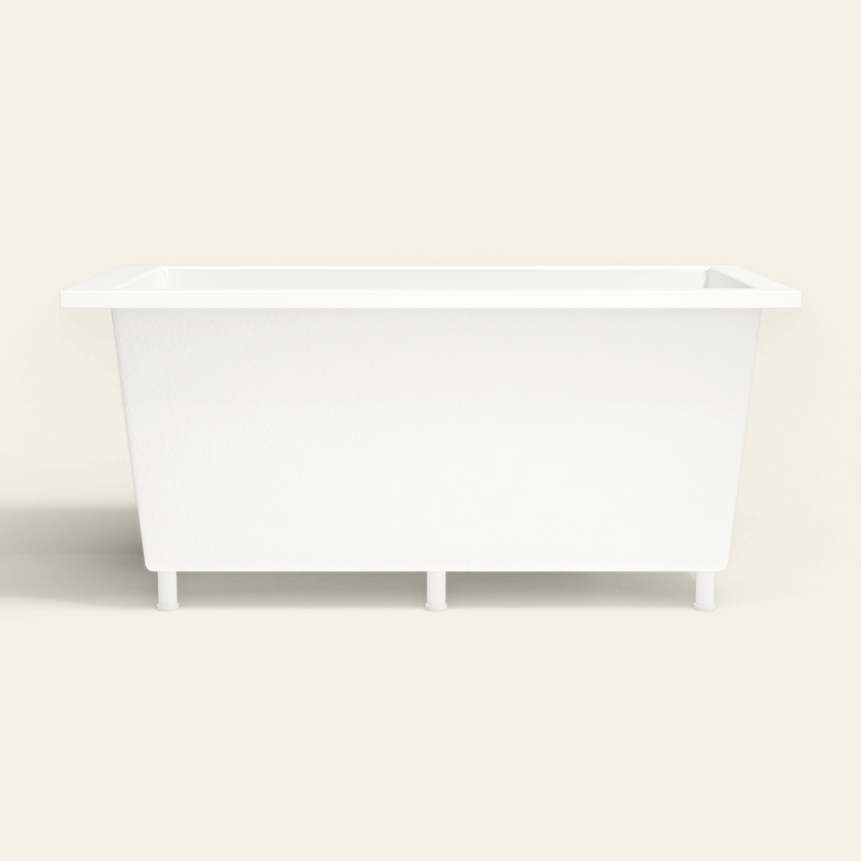 Omnitub 1500×800 white deep soaking bath — side profile, with feet [render:7_long_side:feet]