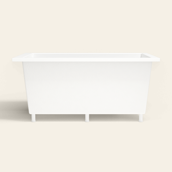 Omnitub 1500×800 white deep soaking bath — side profile, with feet [render:7_long_side:feet]
