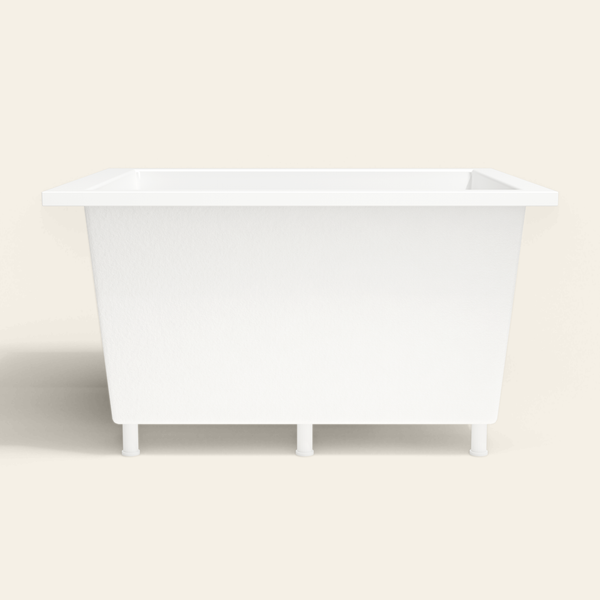 Omnitub 1250×1050 white deep soaking bath — side profile, with feet [render:7_long_side:feet]