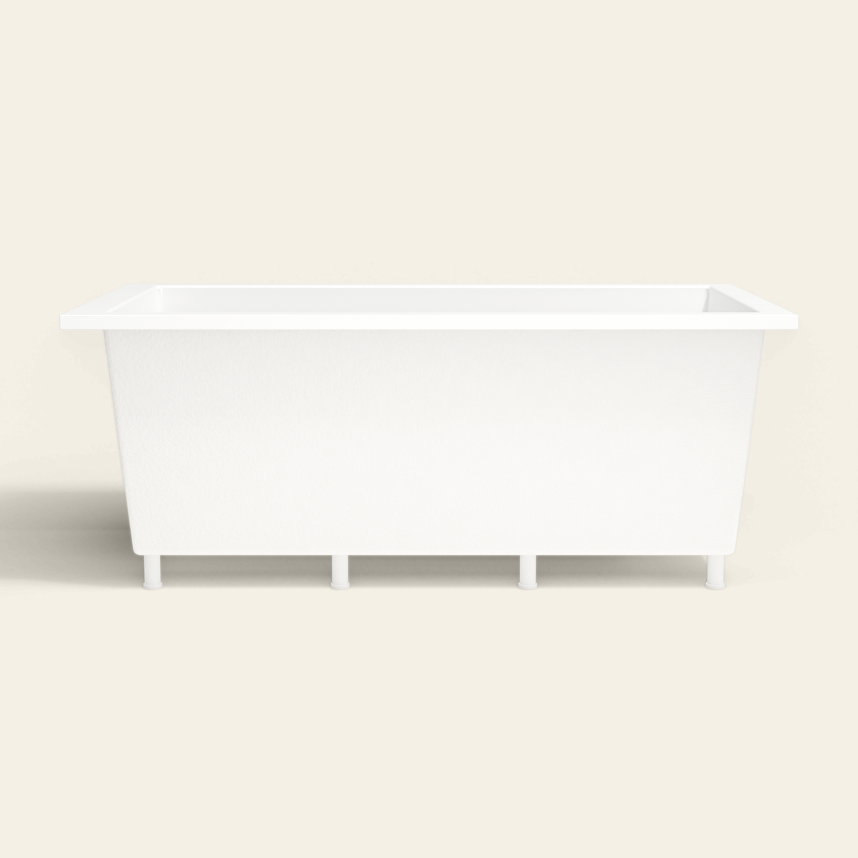 Omnitub 1750×950 white deep soaking bath — side profile, with feet [render:7_long_side:feet]