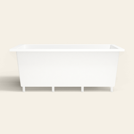 Omnitub 1750×950 white deep soaking bath — side profile, with feet [render:7_long_side:feet]