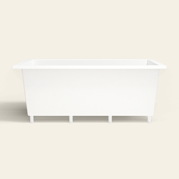 Omnitub 1750×950 white deep soaking bath — side profile, with feet [render:7_long_side:feet]