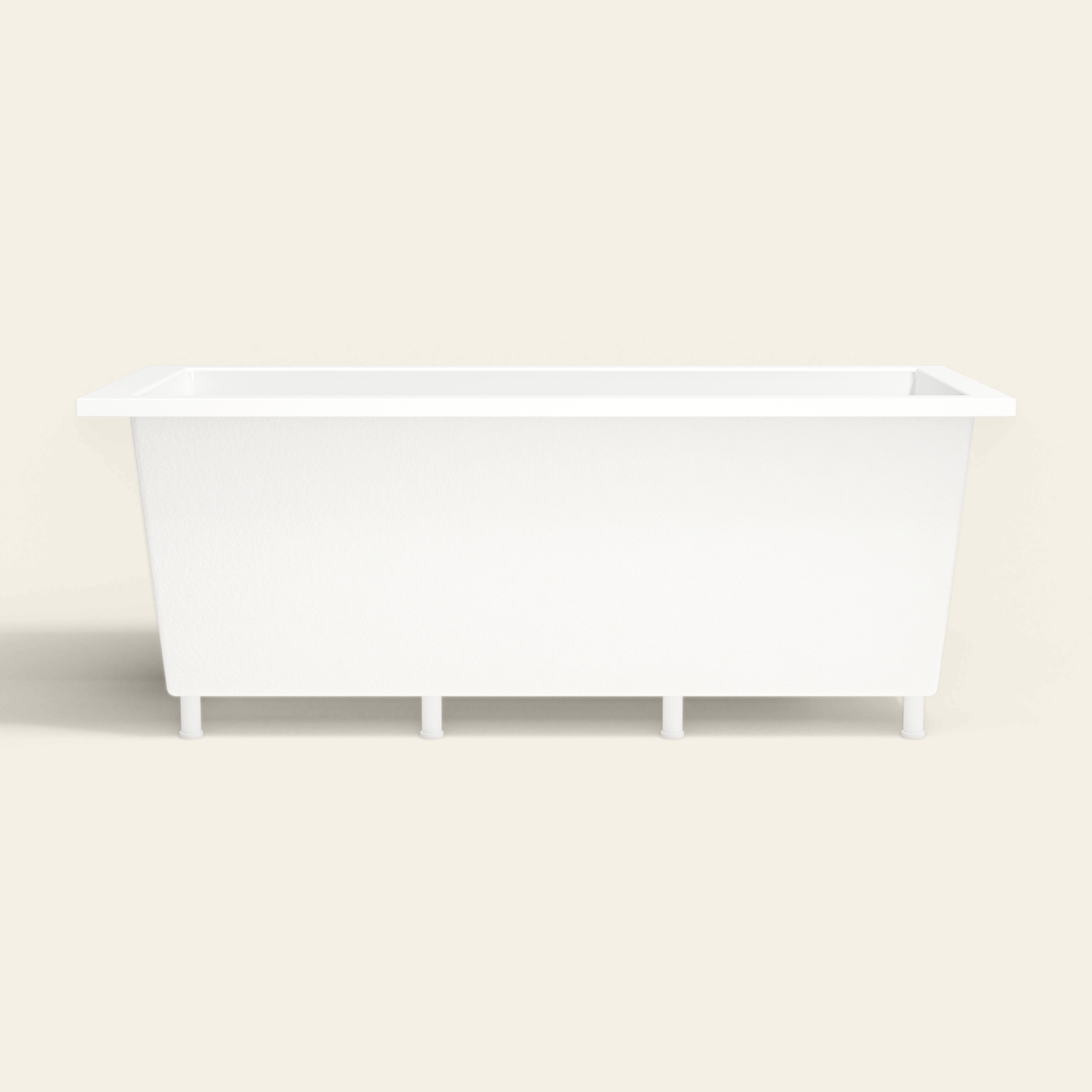 Omnitub 1800×800 white deep soaking bath — side profile, with feet [render:7_long_side:feet]