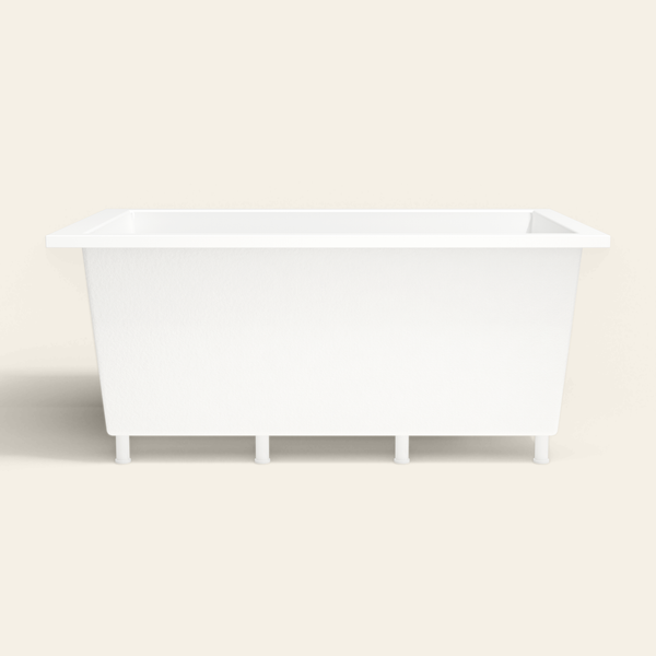 Omnitub 1600×1050 white deep soaking bath — side profile, with feet [render:7_long_side:feet]