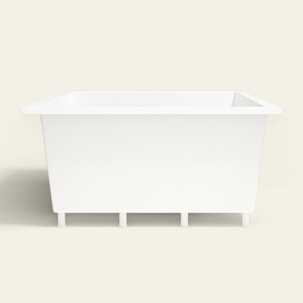 Omnitub 1400×1400 white deep soaking bath — side profile, with feet [render:7_long_side:feet]