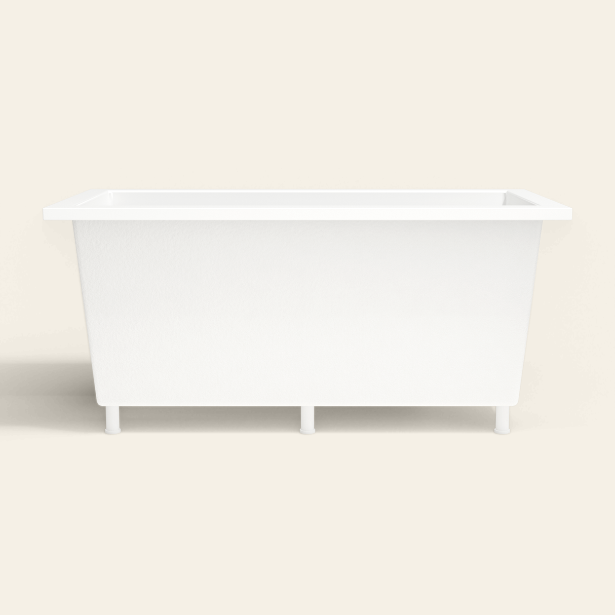 Omnitub 1500×800 B100 white deep soaking bath — side profile, with feet [render:7_long_side:feet]