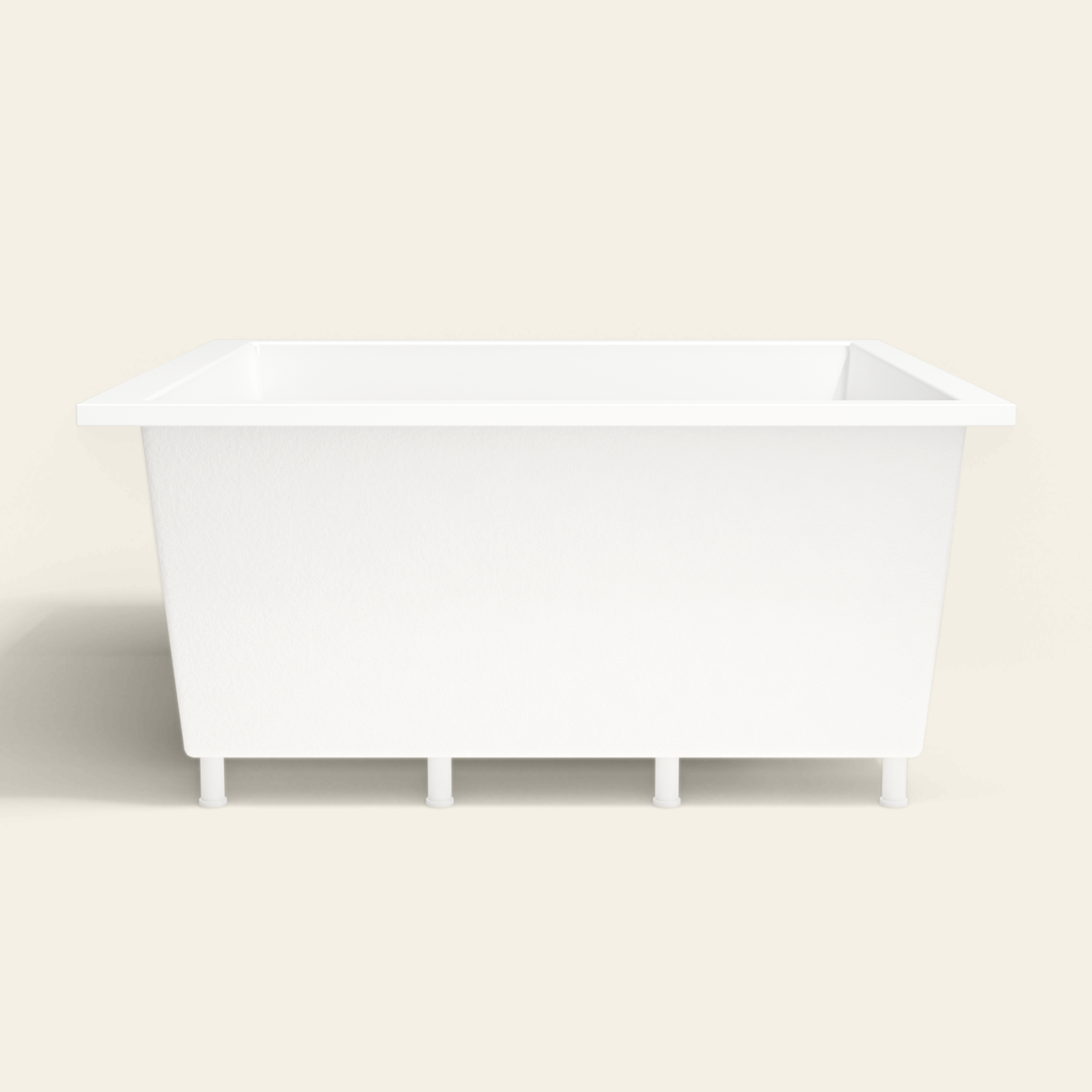 Omnitub 1500×1500 white deep soaking bath — side profile, with feet [render:7_long_side:feet]