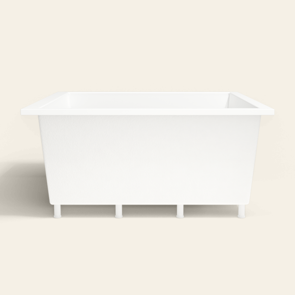 Omnitub 1500×1500 white deep soaking bath — side profile, with feet [render:7_long_side:feet]