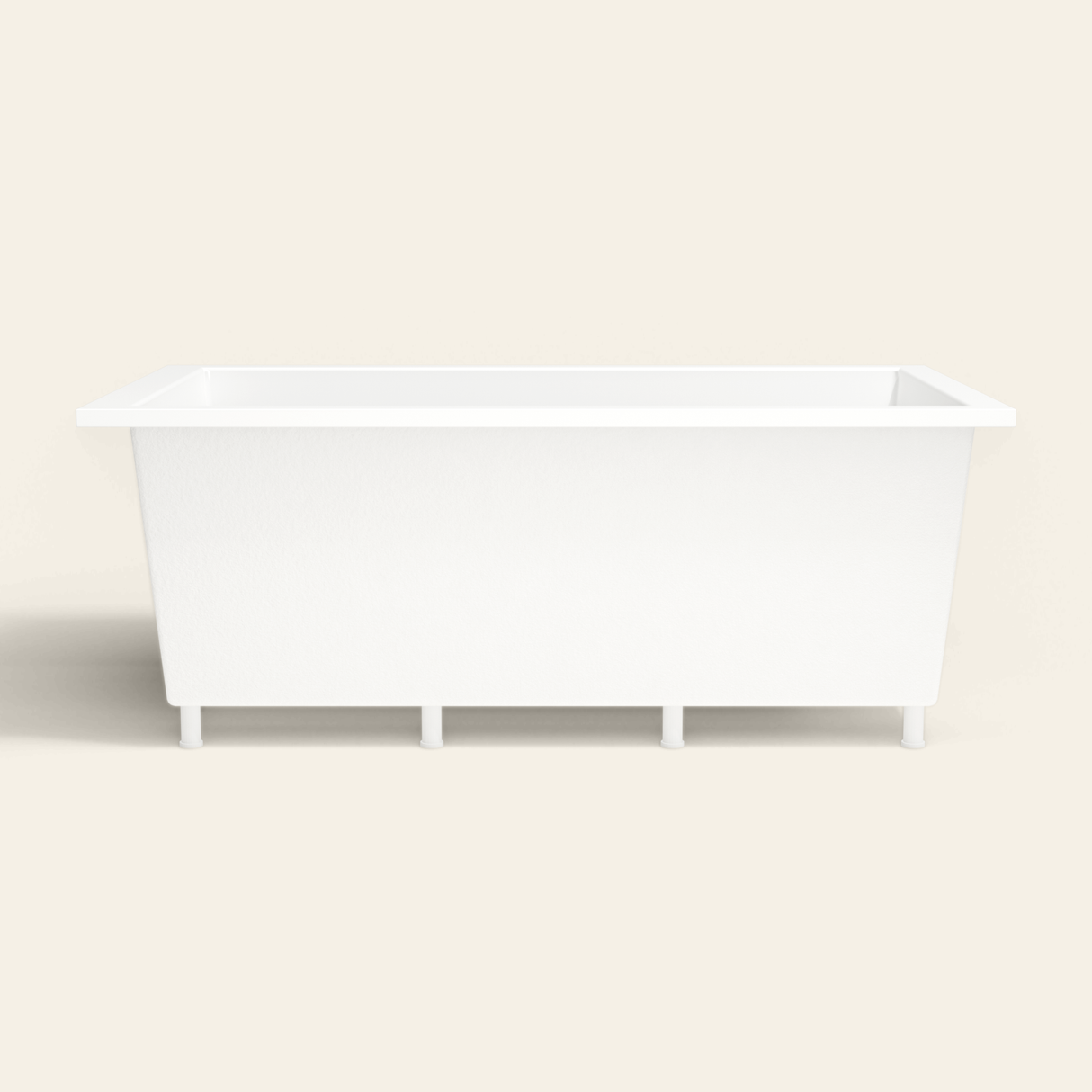 Omnitub 1800×1050 white deep soaking bath — side profile, with feet [render:7_long_side:feet]